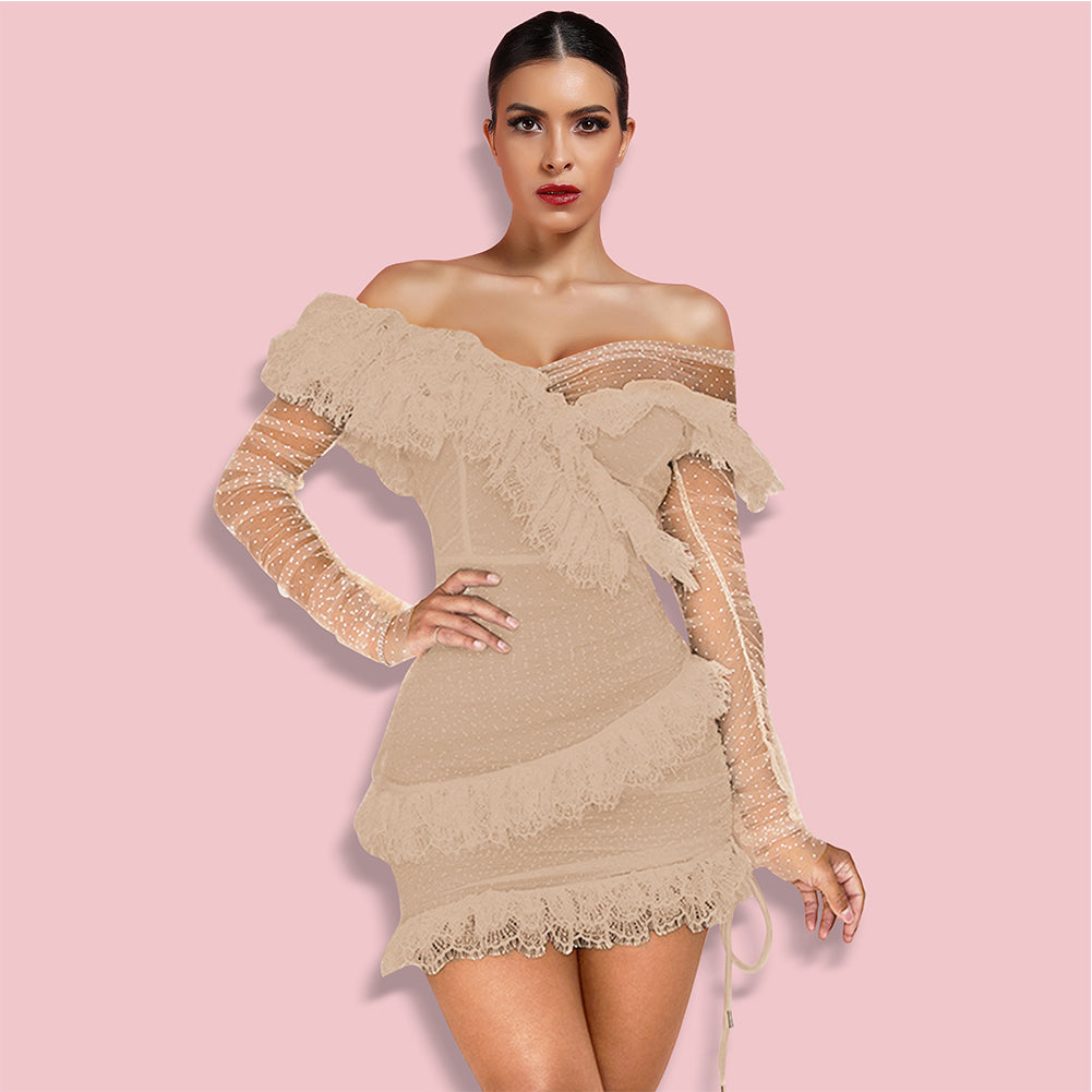 Dotted Mesh Off-Shoulder Ruffle Long-Sleeve Mini Dress 14