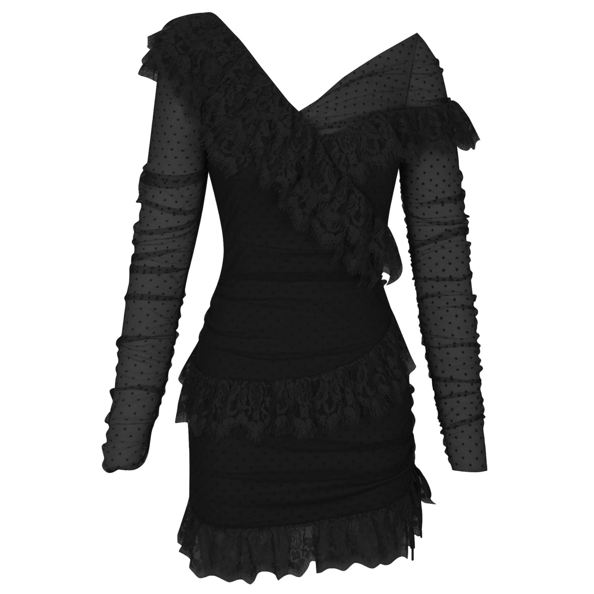 Dotted Mesh Off-Shoulder Ruffle Long-Sleeve Mini Dress 20