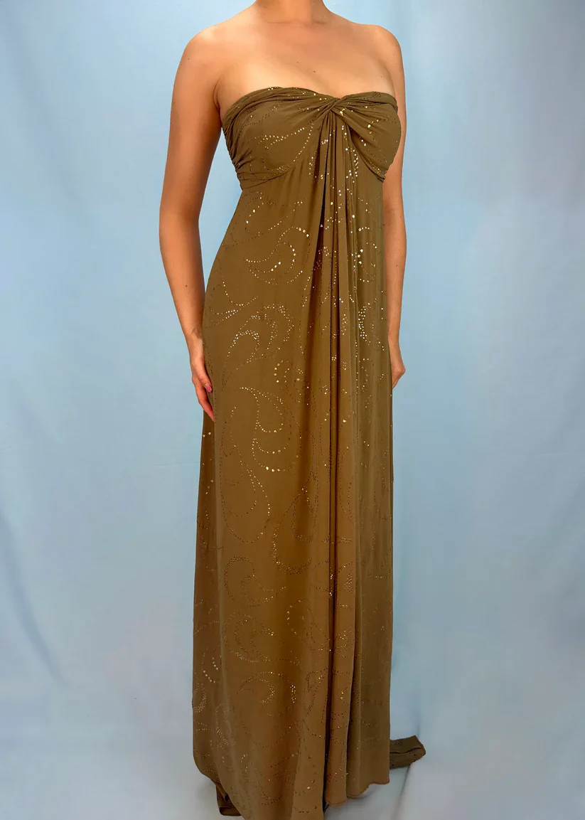 Vintage Matcha Green Strapless Satin Sequin Mermaid Evening Dress Long Birthday Party Gown D1389