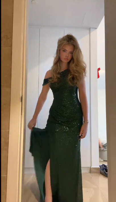 Pretty One Shoulder Green Sequin High Slit Long Mermaid Evening Dress Prom Dress D736