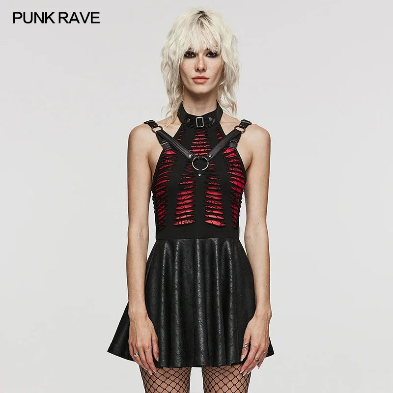 Distressed High Neck Sleeveless Harness Mini Dress