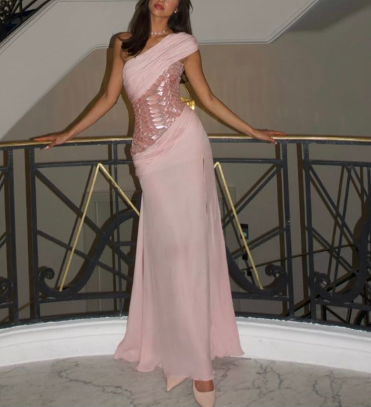 Classy One Shoulder Chiffon Sequin Slit Mermaid Party Dress Long Evening Dress Prom Gown D1746