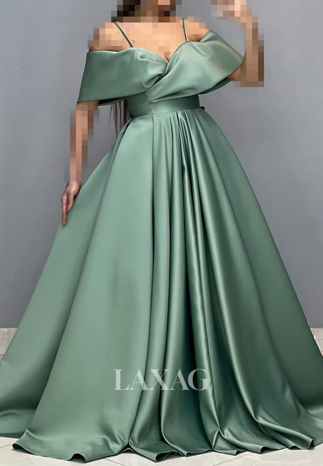 Sweetheart Spaghetti Straps Off-Shoulder Sleeveless Pleated Satin A-Line Prom Dress with Sweep Train