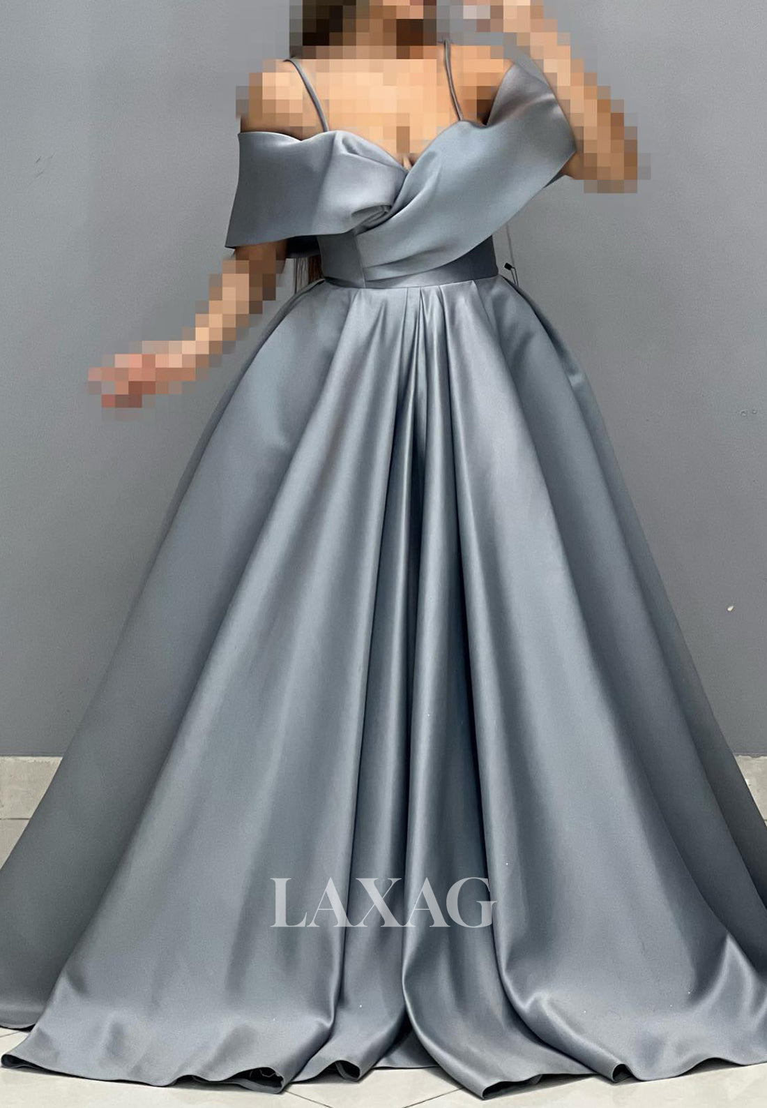 Sweetheart Spaghetti Straps Off-Shoulder Sleeveless Pleated Satin A-Line Prom Dress with Sweep Train
