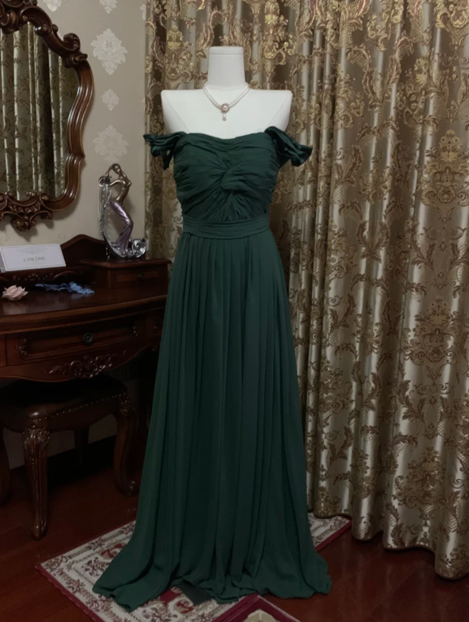 Vintage Green Off The Shoulder Satin Pleated Long Wedding Guest Dress Party Dress Prom Gown D1778