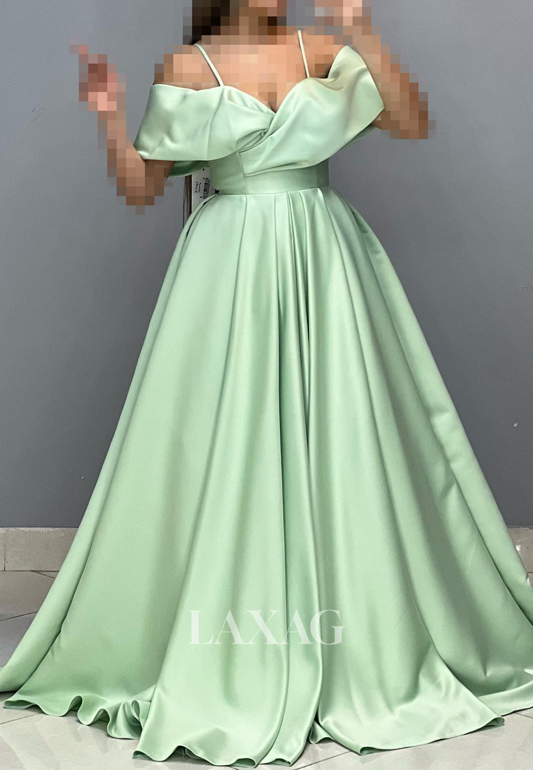 Sweetheart Spaghetti Straps Off-Shoulder Sleeveless Pleated Satin A-Line Prom Dress with Sweep Train