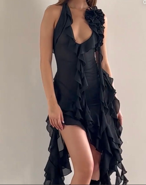 Sexy Hot Pink Halter Chiffon Ruffles Long Birthday Party Dress Formal Prom Dress D686