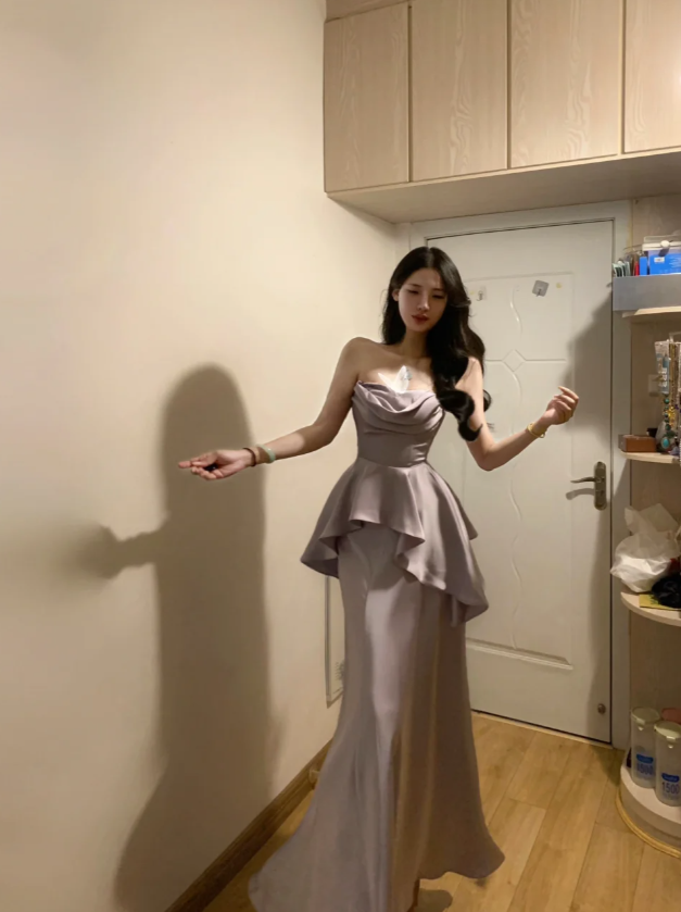 Stylish Strapless Purple Satin Mermaid Long Party Dress Formal Wedding Guest Dress D845