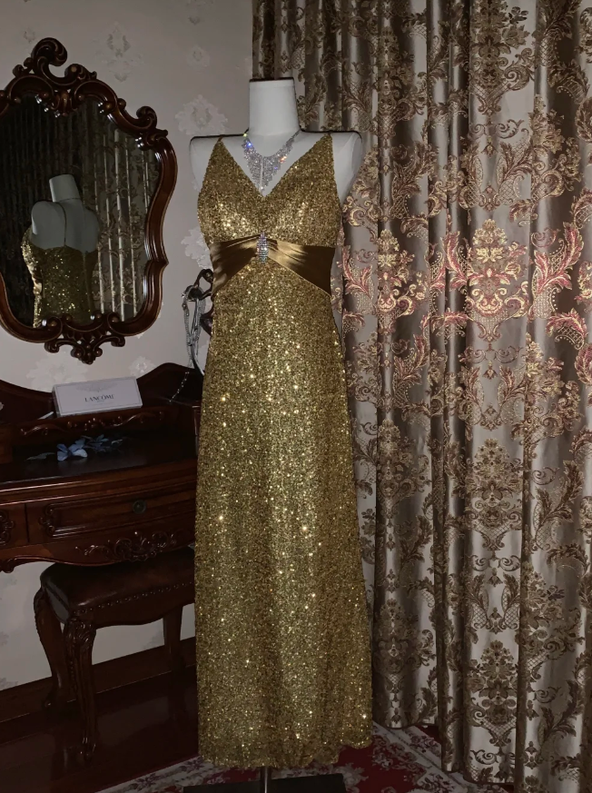 Glitter V Neck Sequin Beaded Gold Mermaid Party Dress Long Evening Dress D1725