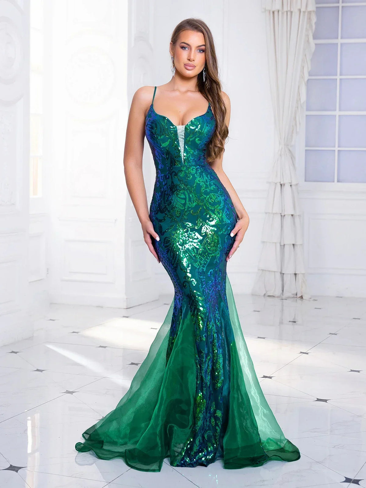 Sequin V-Neck Spaghetti Strap Mermaid Gown