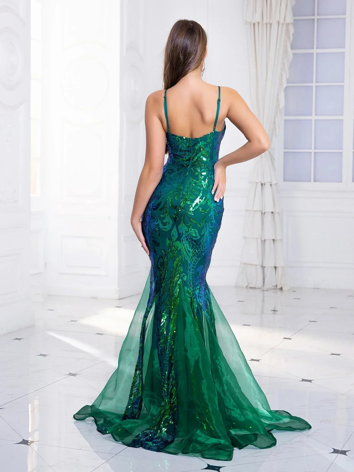 Sequin V-Neck Spaghetti Strap Mermaid Gown
