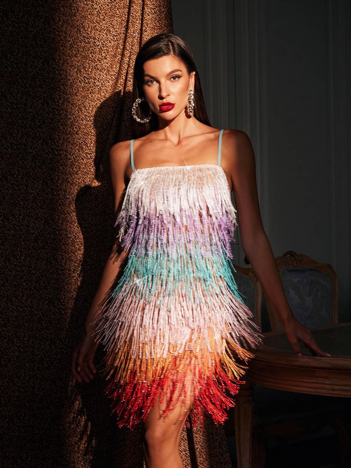 Spaghetti Glitter Fringe Mini Dress