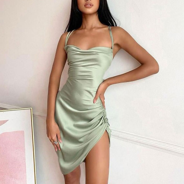 Satin Cowl Neck Spaghetti Strap Ruched Side Bodycon Mini Dress - View 5