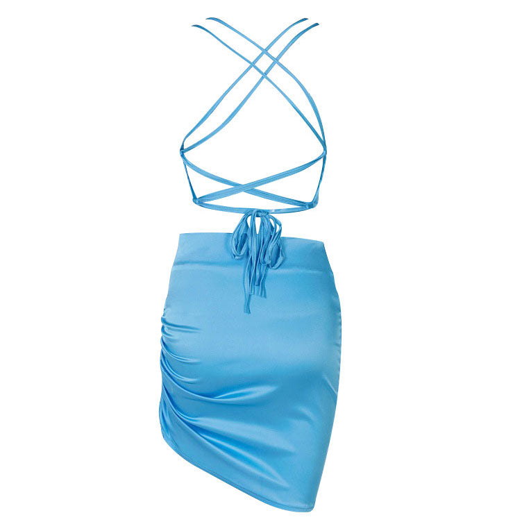 Satin Cowl Neck Spaghetti Strap Ruched Side Bodycon Mini Dress - View 6