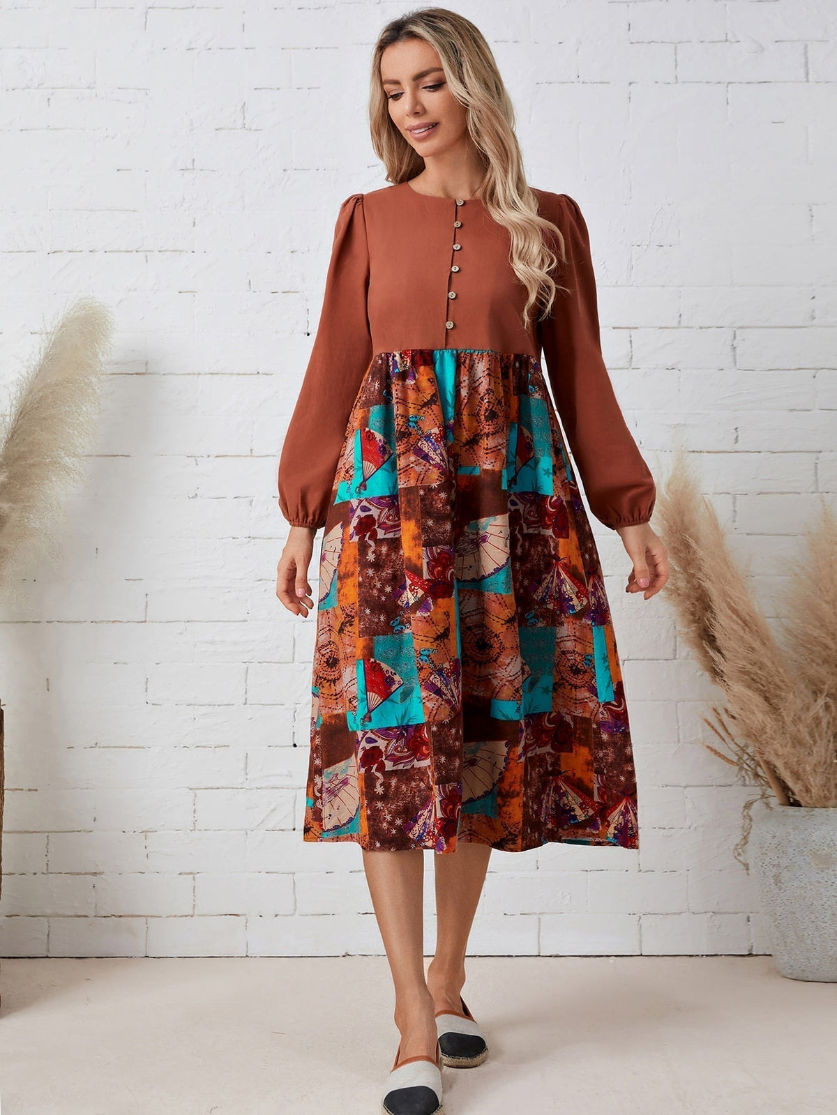 Patchwork Print Long Sleeve Button Tiered Midi Dress