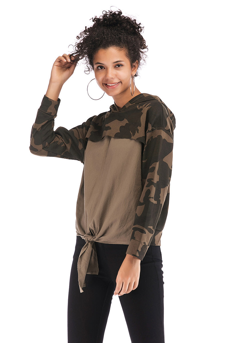 Patched Camouflage Asymmetrical Hem Sweatshirt