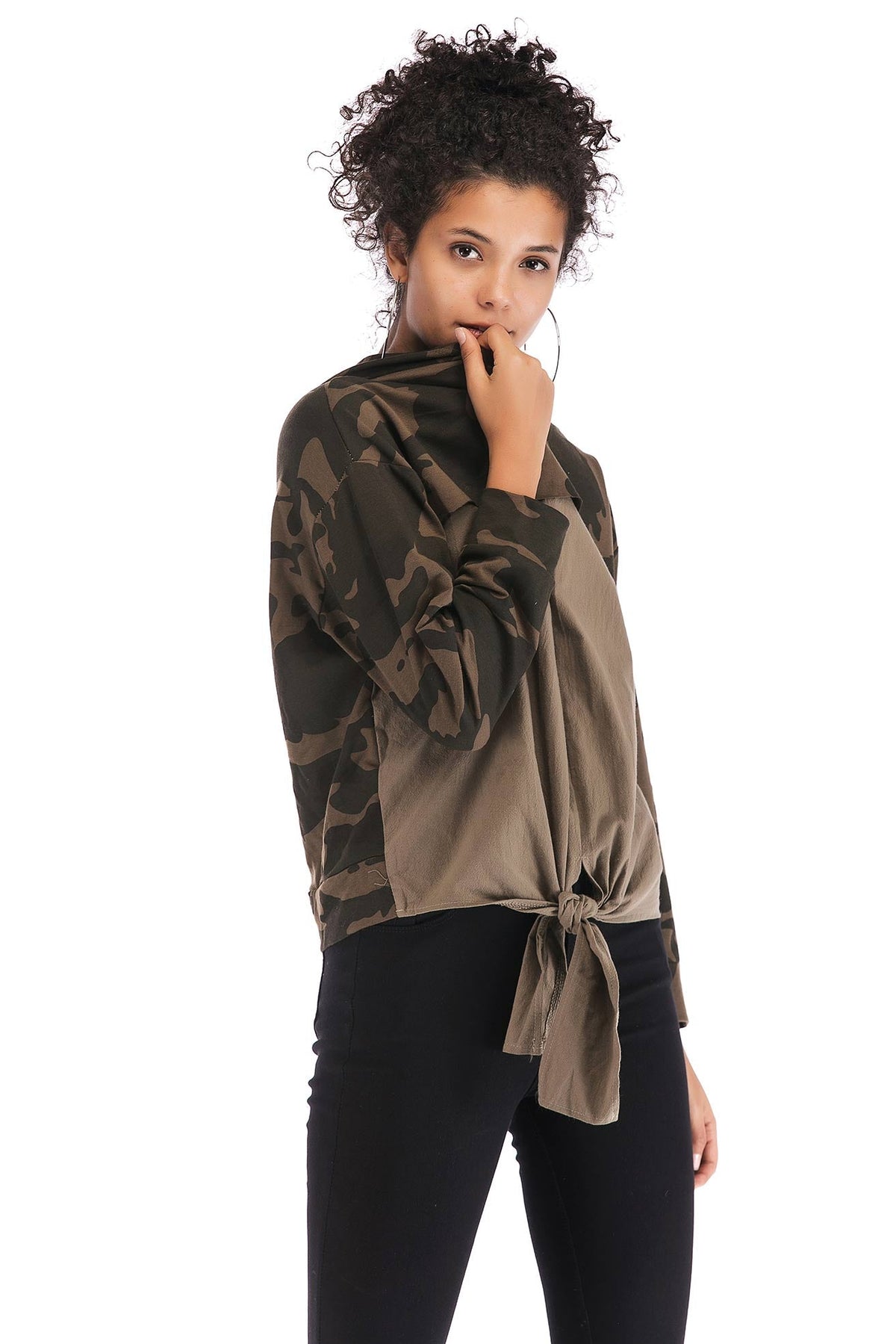 Patched Camouflage Asymmetrical Hem Sweatshirt