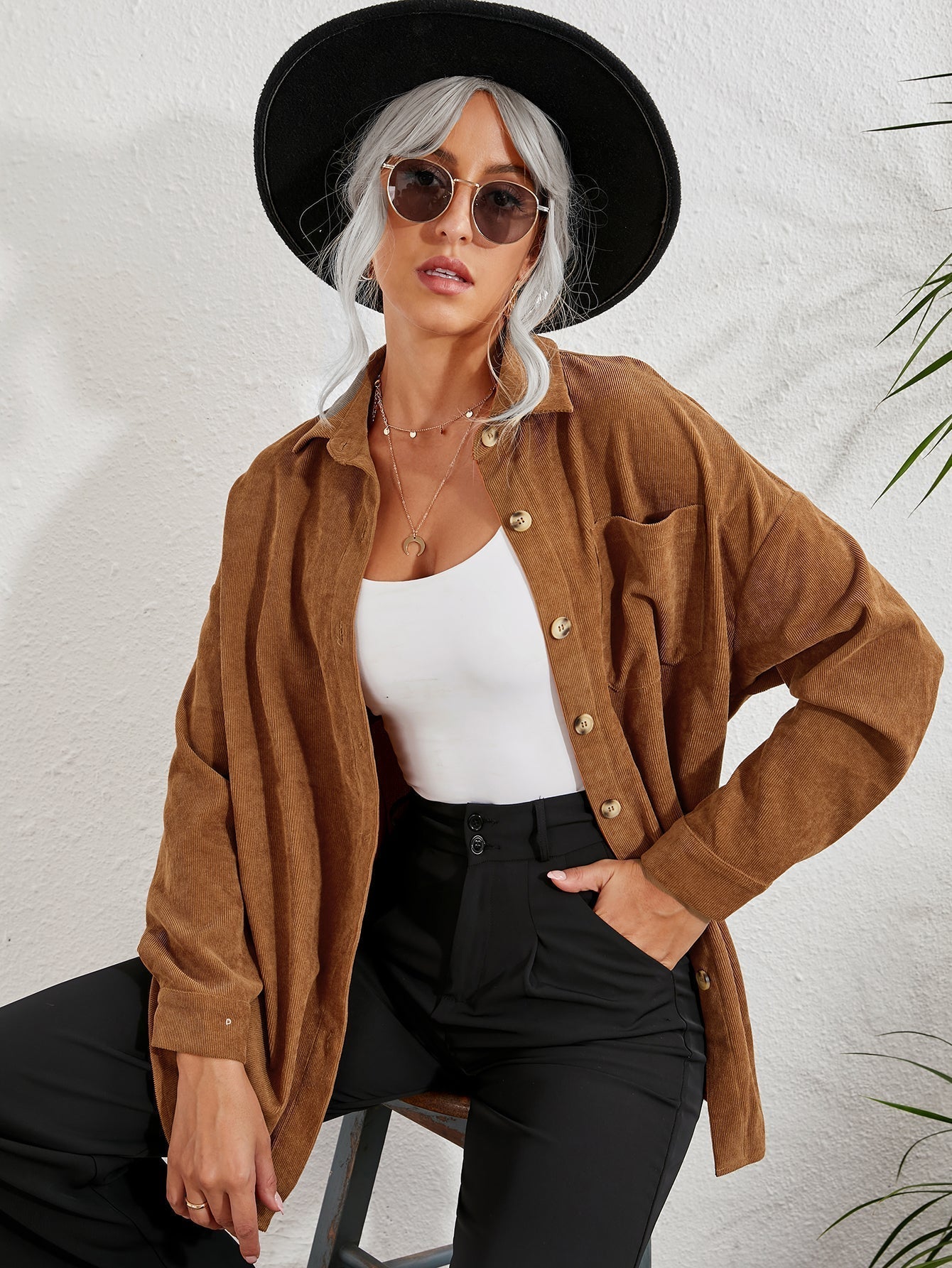 Patched Pocket Drop Shoulder Corduroy Blouse - Fashionpara