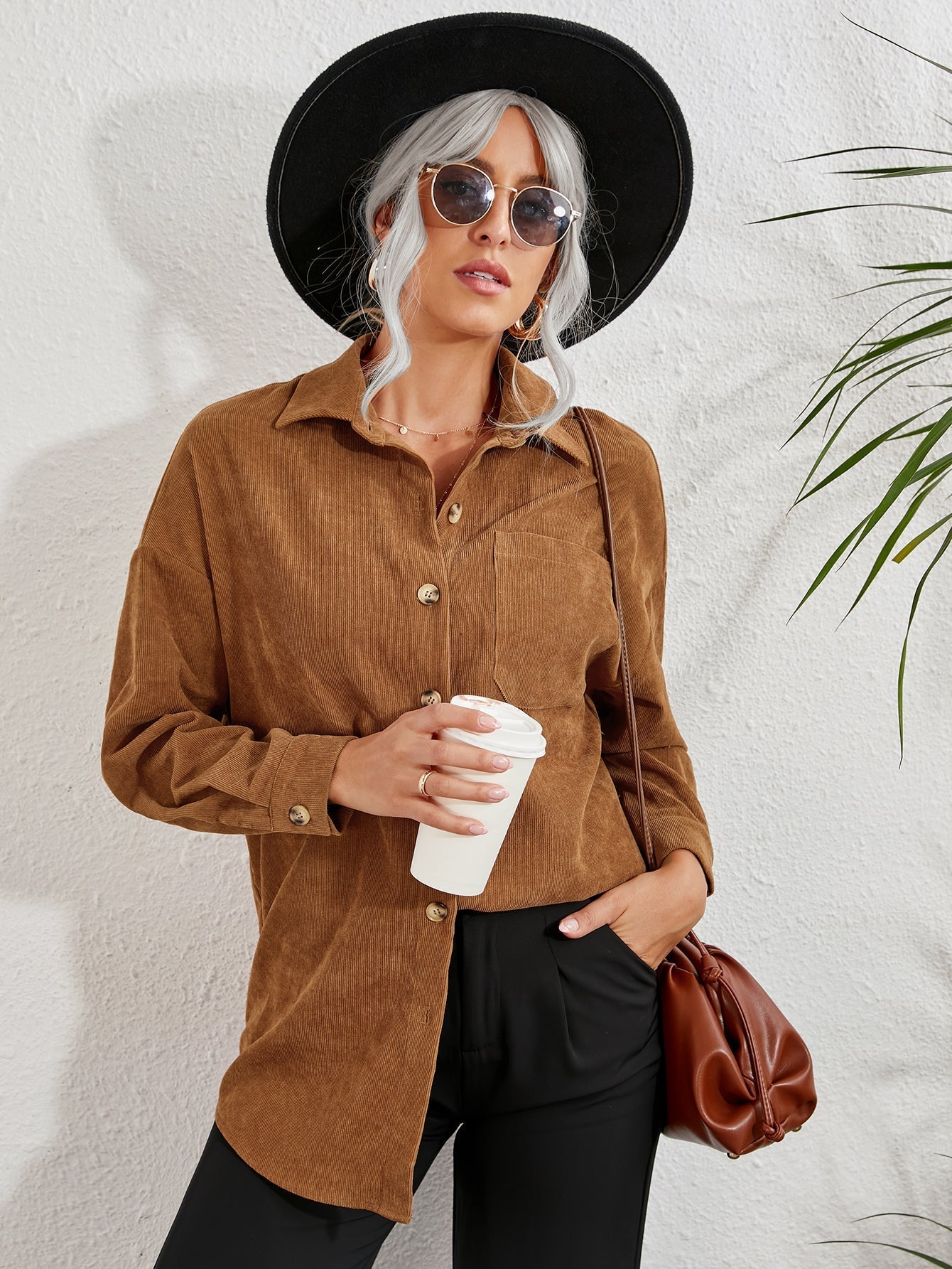 Patched Pocket Drop Shoulder Corduroy Blouse - Fashionpara