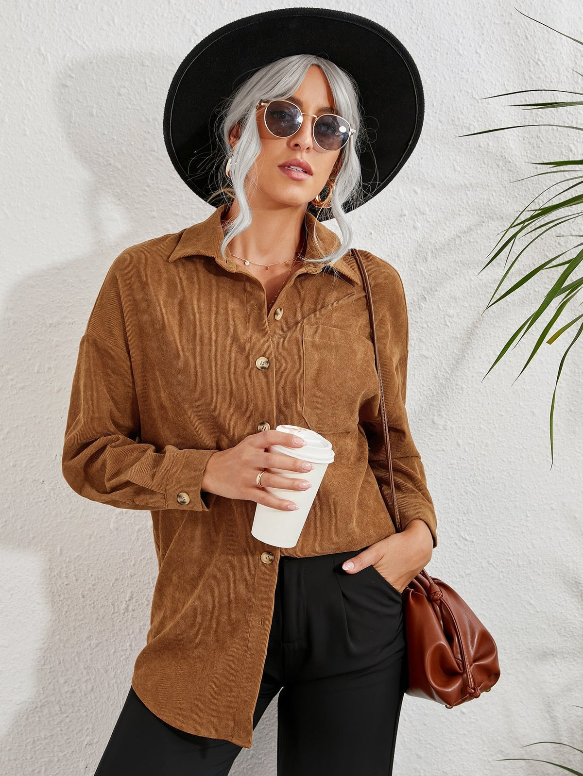 KittenAlarm - Patched Pocket Drop Shoulder Corduroy Blouse