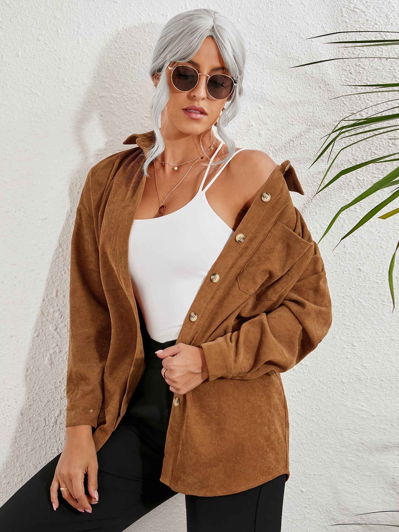 Patched Pocket Drop Shoulder Corduroy Blouse - Fashionpara