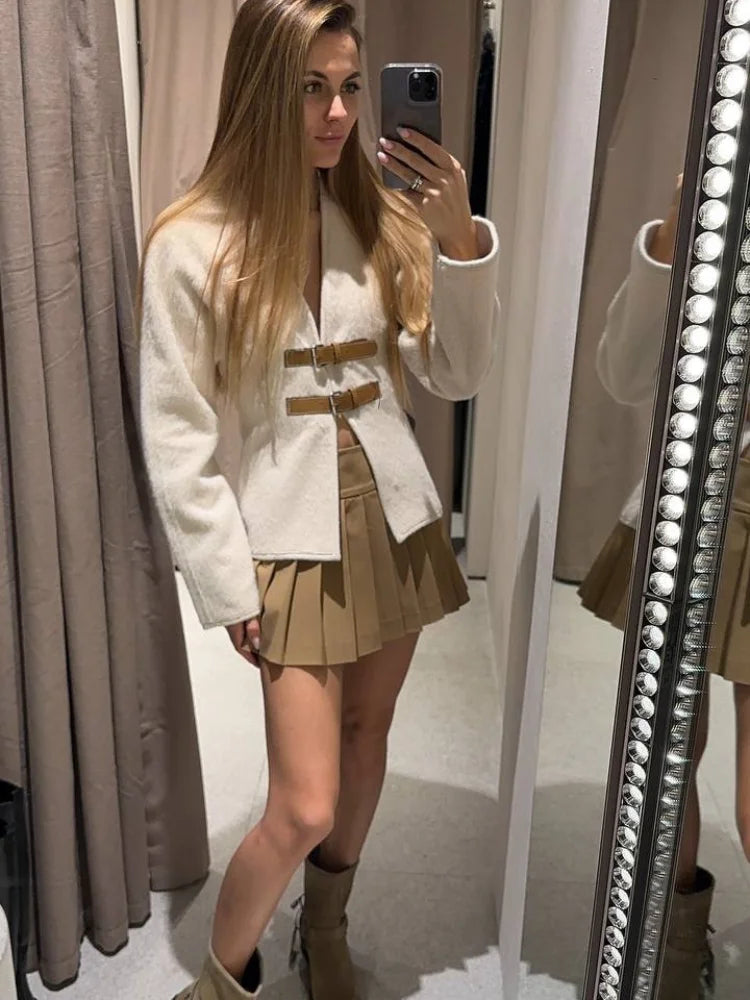 Patchwork Buckle Hollow Slim Split V-neck Elegant High Coats