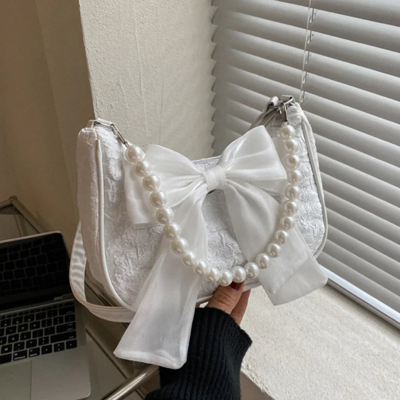 Pearl Bow Crossbody Canvas Shoulder Handbag