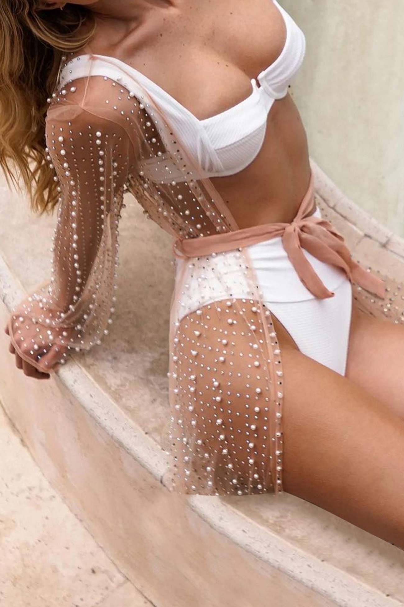 Elegant Pearl Flare Sleeve Tie-Up Cardigan for Stylish Layers