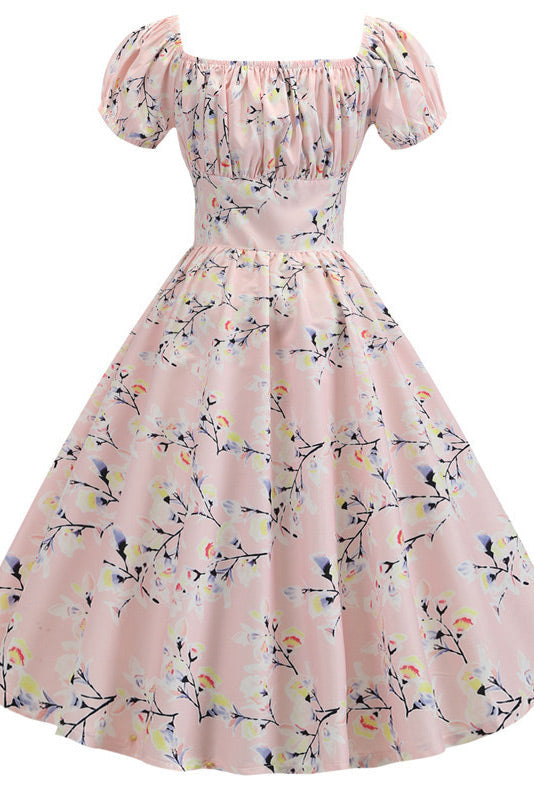 Pearl Pink A-Line Short Sleeve Print Swing Dress Fashionpara