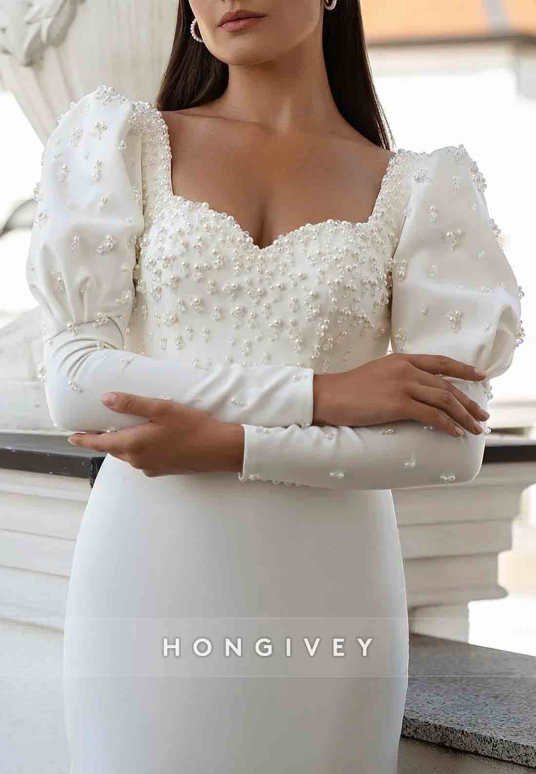 Sheath Long Sleeves Low Back Pearls Beading Sweetheart Wedding Dresses