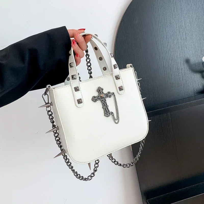 Punk Rivets Y2K Aesthetic Korean Gothic Casual Vintage Crossbody Shoulder Bag White Cross Halloween