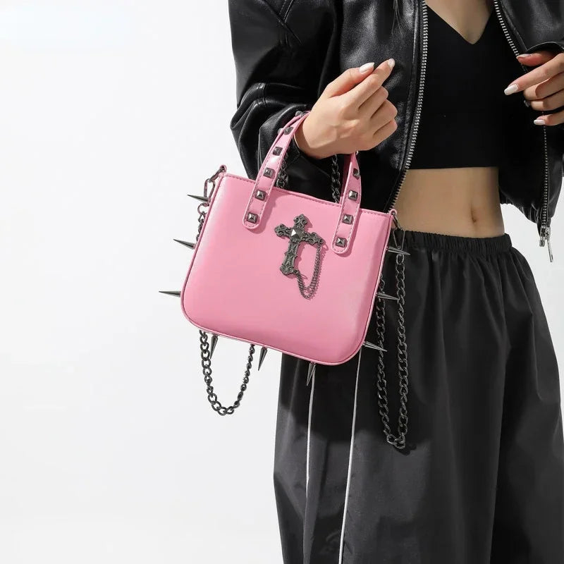 Punk Rivets Y2K Aesthetic Korean Gothic Casual Vintage Crossbody Shoulder Bag Pink Cross Halloween