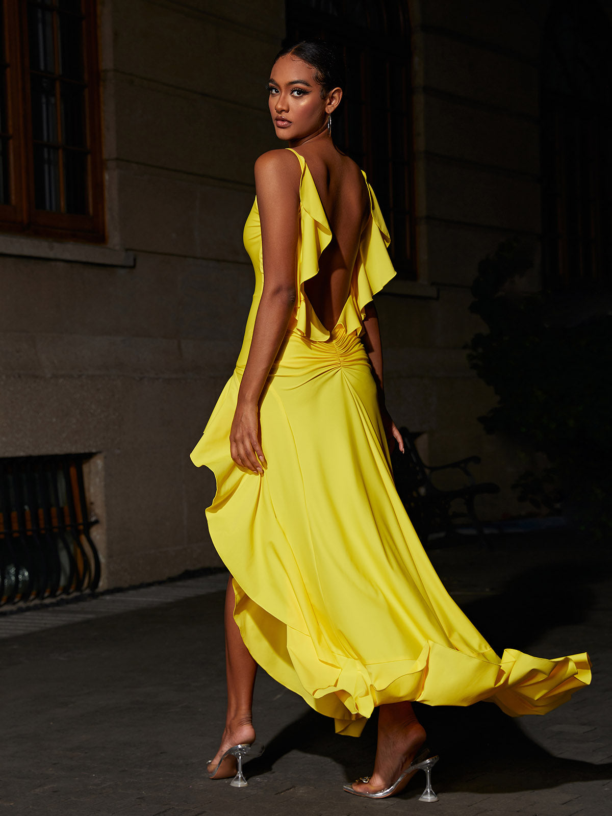 Satin Backless Ruffle-Hem Asymmetric Maxi Dress