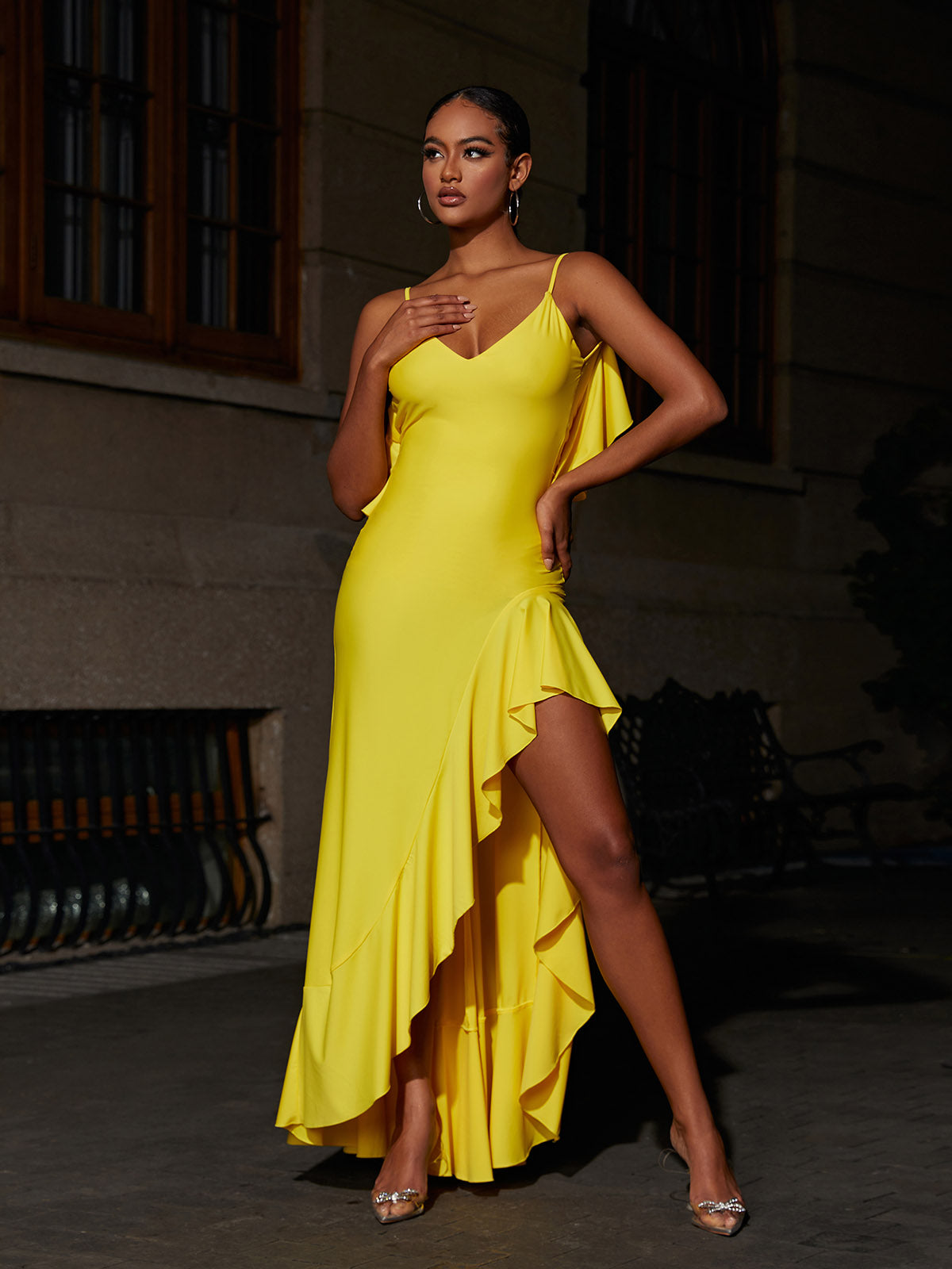 Satin Backless Ruffle-Hem Asymmetric Maxi Dress 3