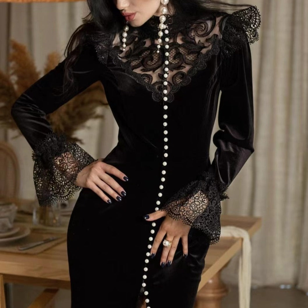 Pearl Button Embroidered Patchwork Velvet Midi Dress