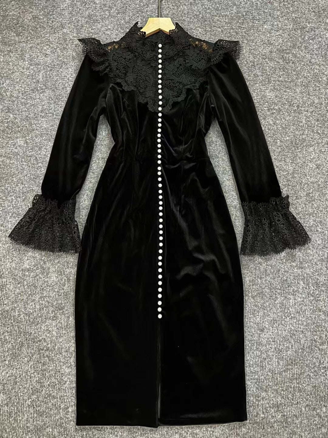 Pearl Button Embroidered Patchwork Velvet Midi Dress