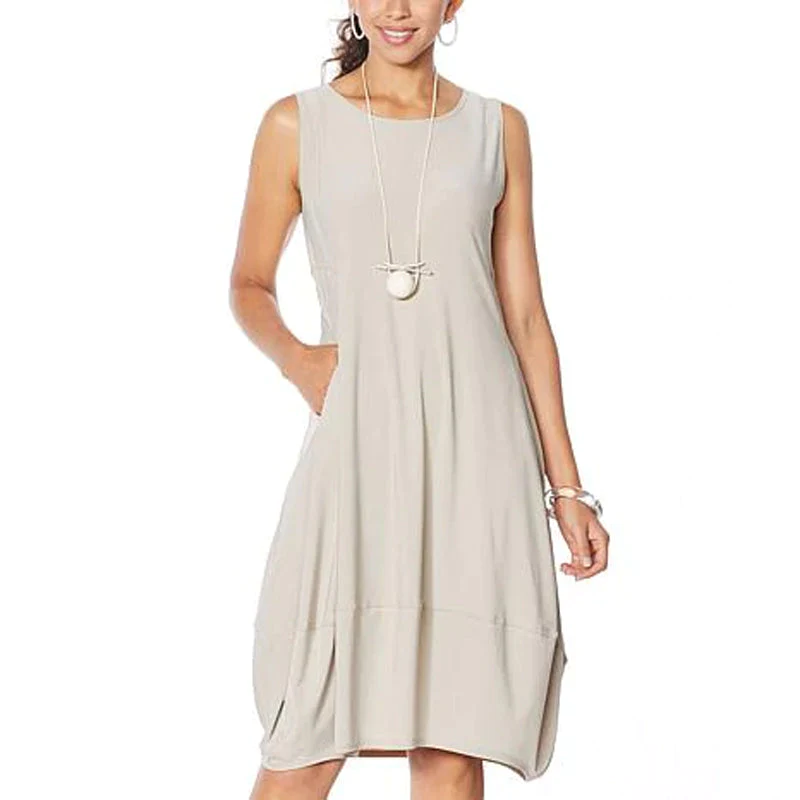 Sleeveless Round Neck Side Pocket Cocoon Shift Midi Dress
