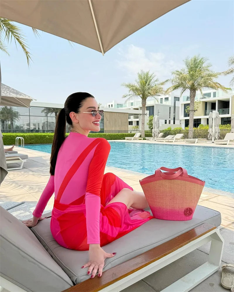 Pink Patchwork Zipper One Piece Swimsuit