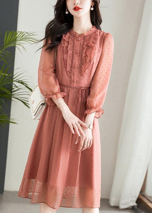Chiffon Swiss Dot Ruffle Collar Button Front Tie Waist Midi Dress