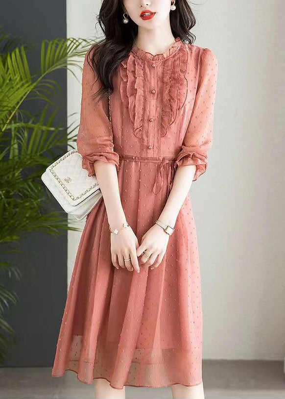 Chiffon Swiss Dot Ruffle Collar Button Front Tie Waist Midi Dress - View 2