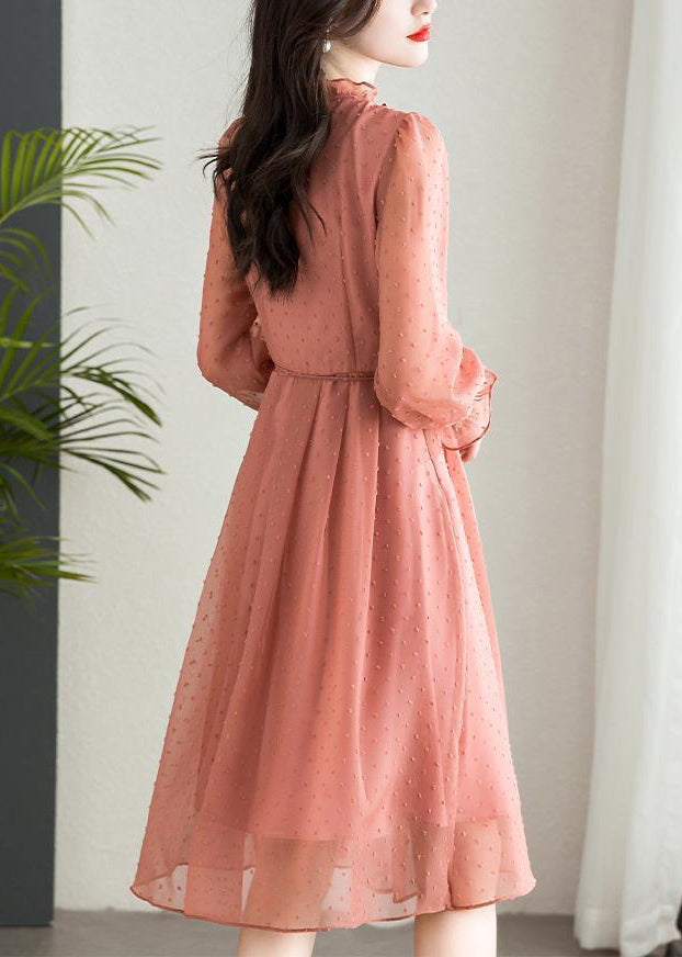 Chiffon Swiss Dot Ruffle Collar Button Front Tie Waist Midi Dress - View 4