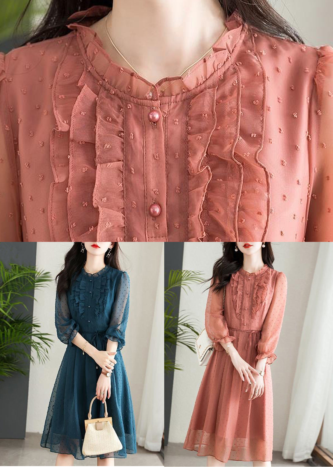 Chiffon Swiss Dot Ruffle Collar Button Front Tie Waist Midi Dress - View 5