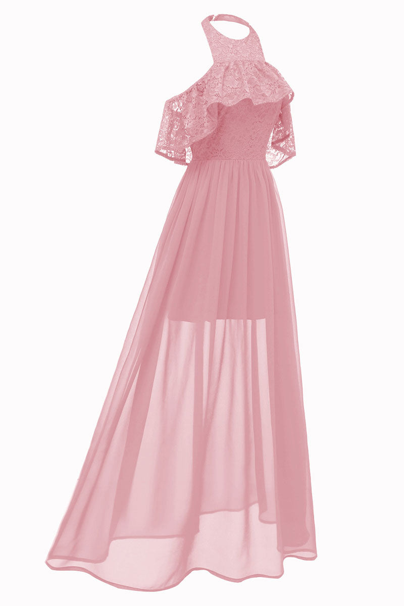 Dark Navy High Low Halter Chiffon Long Prom Dress
