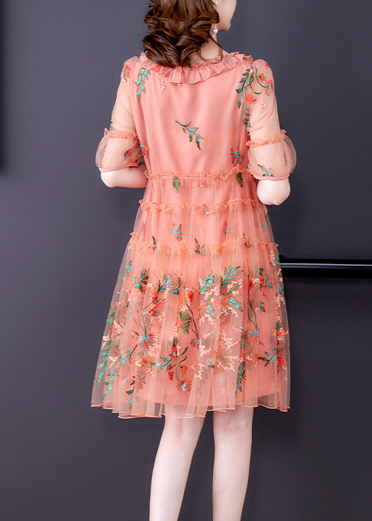 Floral Embroidered Ruffle Neck Puff Sleeve Tulle Midi Dress - View 4