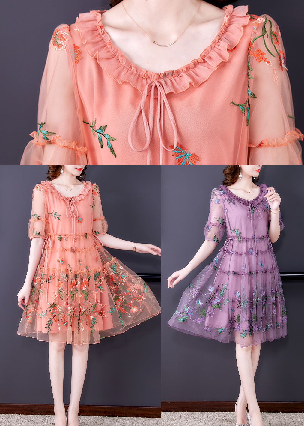 Floral Embroidered Ruffle Neck Puff Sleeve Tulle Midi Dress - View 5