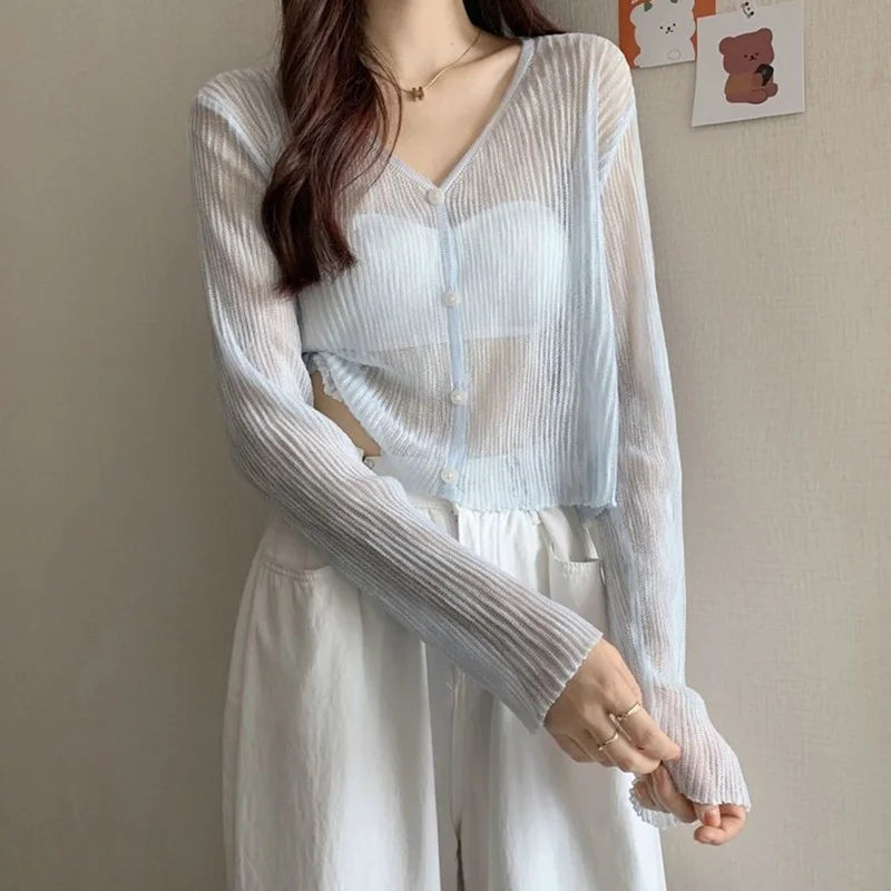 Ice Silk See-Through Thin Single Breasted Pink Knit Cardigan