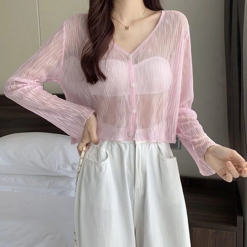 Ice Silk See-Through Thin Single Breasted Pink Knit Cardigan Pink / S cardiagn-250126