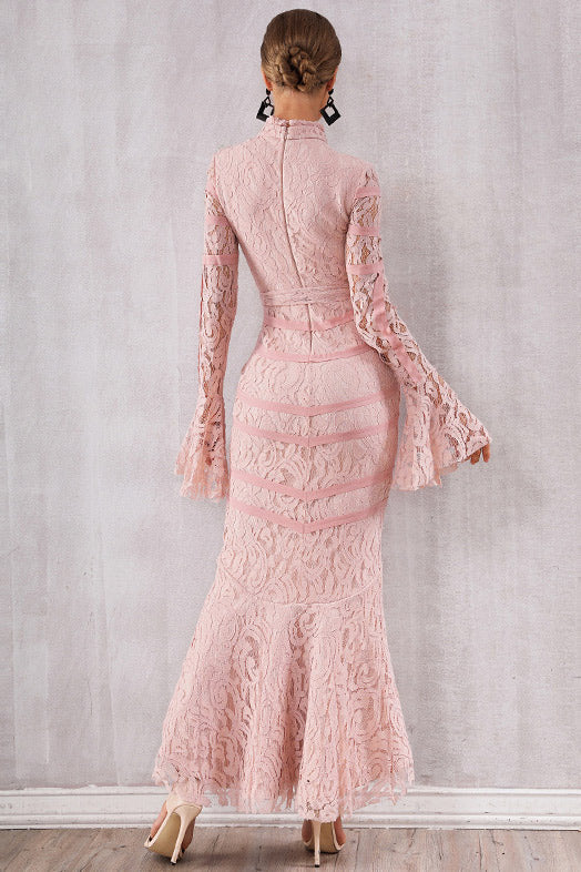 Pink Lace Patched Lace-up Mermaid Bandage Dress - Fashionpara