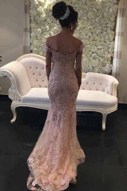 Pink Long Off-the-shouder Glitter Lace Mermaid Prom Evening Dresses