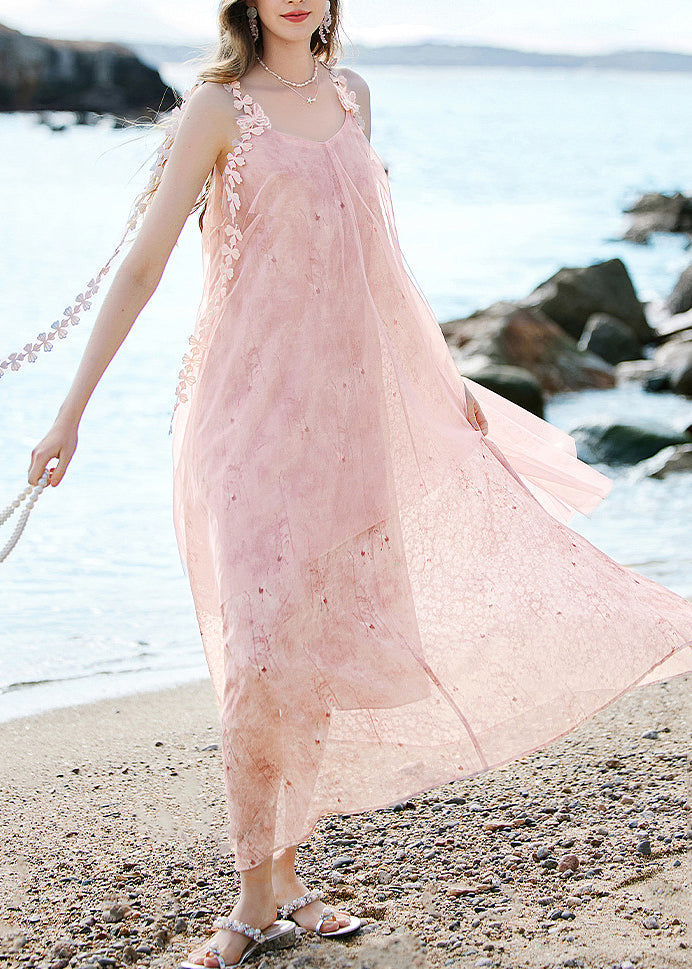 Spaghetti Strap V-Neck 3D Floral Appliqué Tassel Trim Maxi Dress